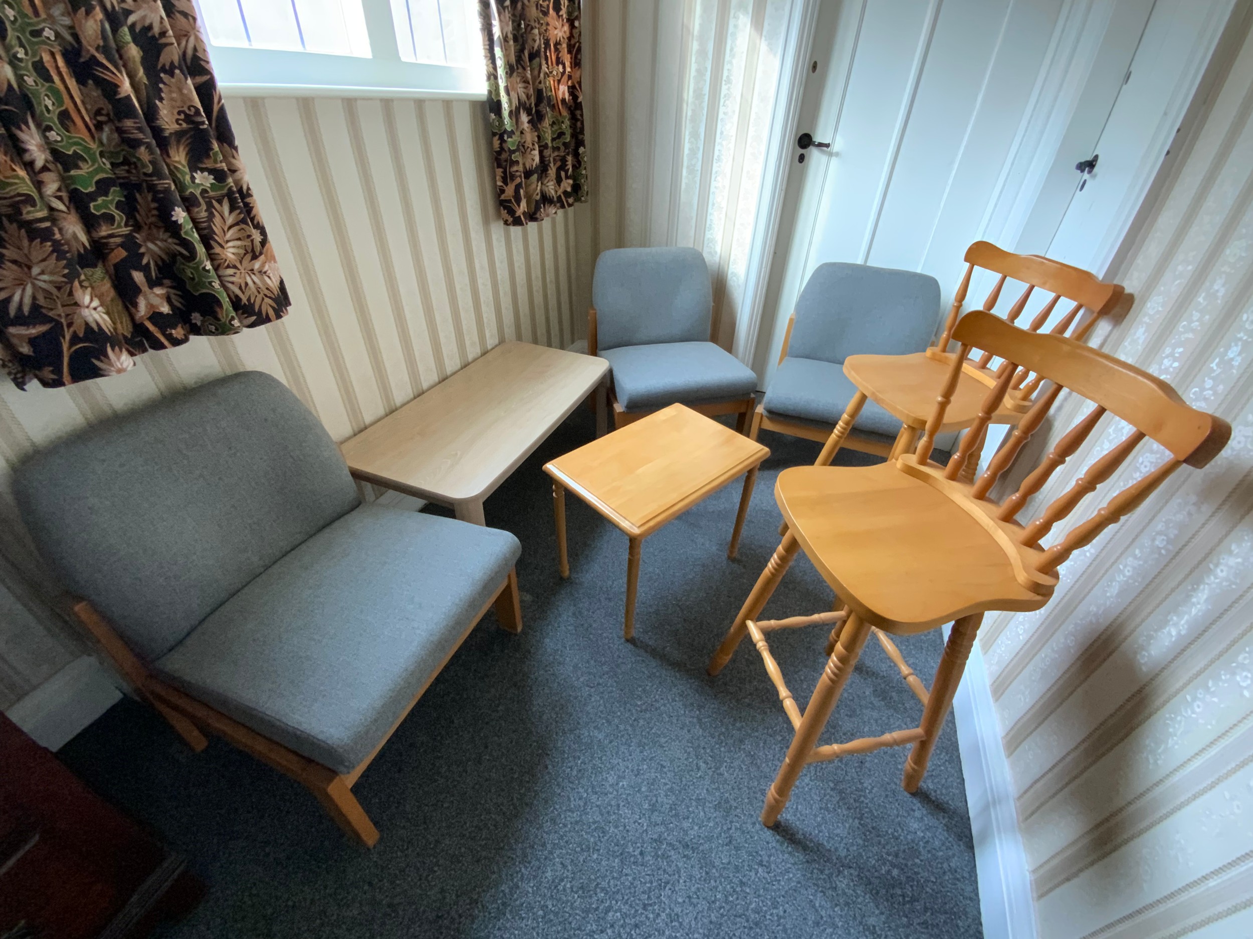 Two pine bar stools; office reception chairs, two modern side tables ** We would please ask that all