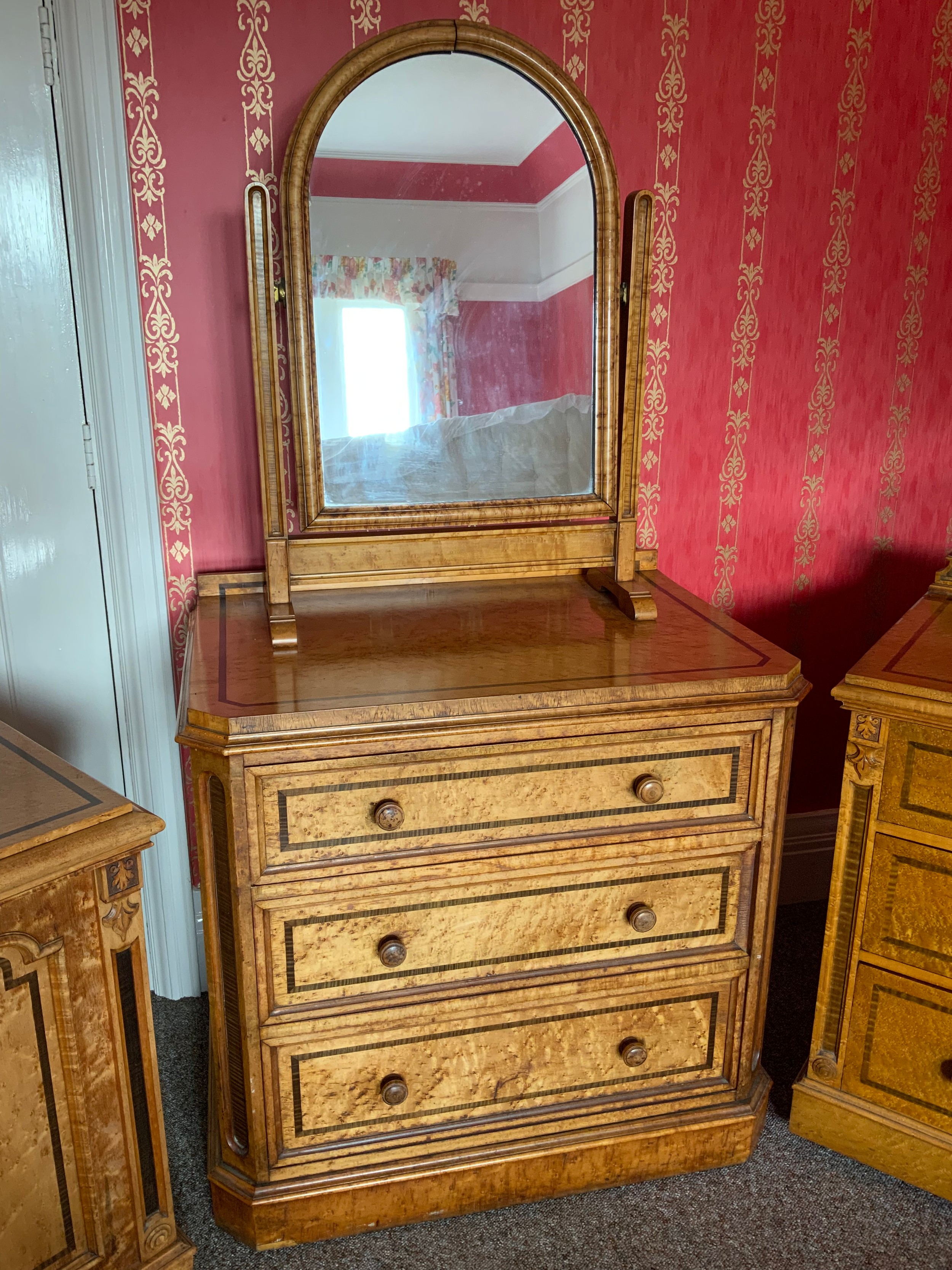 A Victorian burr maple part bedroom suite, comprising double bed head, bedside chest, two dressing - Image 3 of 6