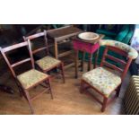 A pair Edwardian bedroom chairs; another; an oak trolley; another; a jardiniere stand ** We would