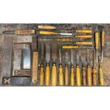 Tools - Chisels, Sorby tools, Mr Punch Brand, others; an ebony and brass carpenters square,