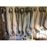 A massive set of nine graduated double ended offset ring spanners, the largest 65cm long, the