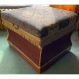 A large Victorian sarcophagus upholstered stool, plinth base, on casters, 59cm high, 70cm deep, 84cm