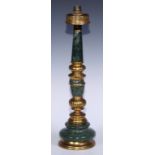 Interior Decoration - a gilt metal and verde antico marble table lamp, knopped pillar, skirted base,