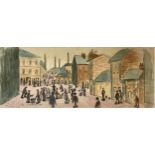 In the manner of LS Lowry Northern Town Scene watercolour, 12cm x 29.5cm