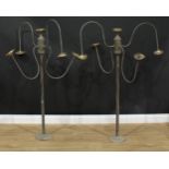 A pair of ceiling mounted five light four branch 'gasoliers', converted for electricity, 126cm