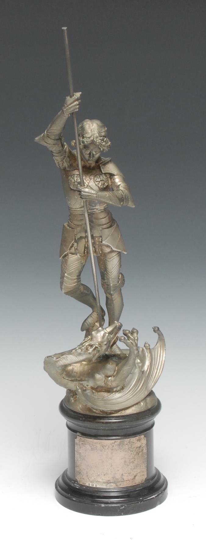English School (early 20th century), a silvered bronze, St George Slaying the Dragon, marble and