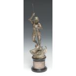 English School (early 20th century), a silvered bronze, St George Slaying the Dragon, marble and