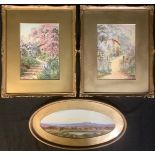 J Halford Ross A Pair, Summer Cottage Gardens one signed, watercolours, 27cm x 18cm; an oval