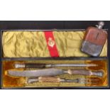 A Victorian horn hafted three piece carving set, silver coloured metal mounts, Joseph Haywood,