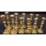 A pair of Victorian brass candlesticks, c.1860; others (qty)