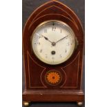 An Edwardian mahogany inlaid lancet top mantel clock, 27cm high