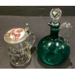 A 19th century Bristol green glass decanter; a Continental cut glass tankard, the porcelain