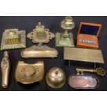 Boxes and Objects - a brass desk or counter bell; an Art Nouveau brass inkwell; a copper
