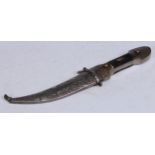 A Middle Eastern kindjahl dagger, 13.5 curved blade, two-piece grip, the scabbard chased with