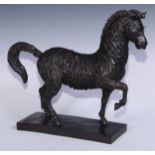 A dark patinated animalier bronze, zebra, mid-prance, 39cm high