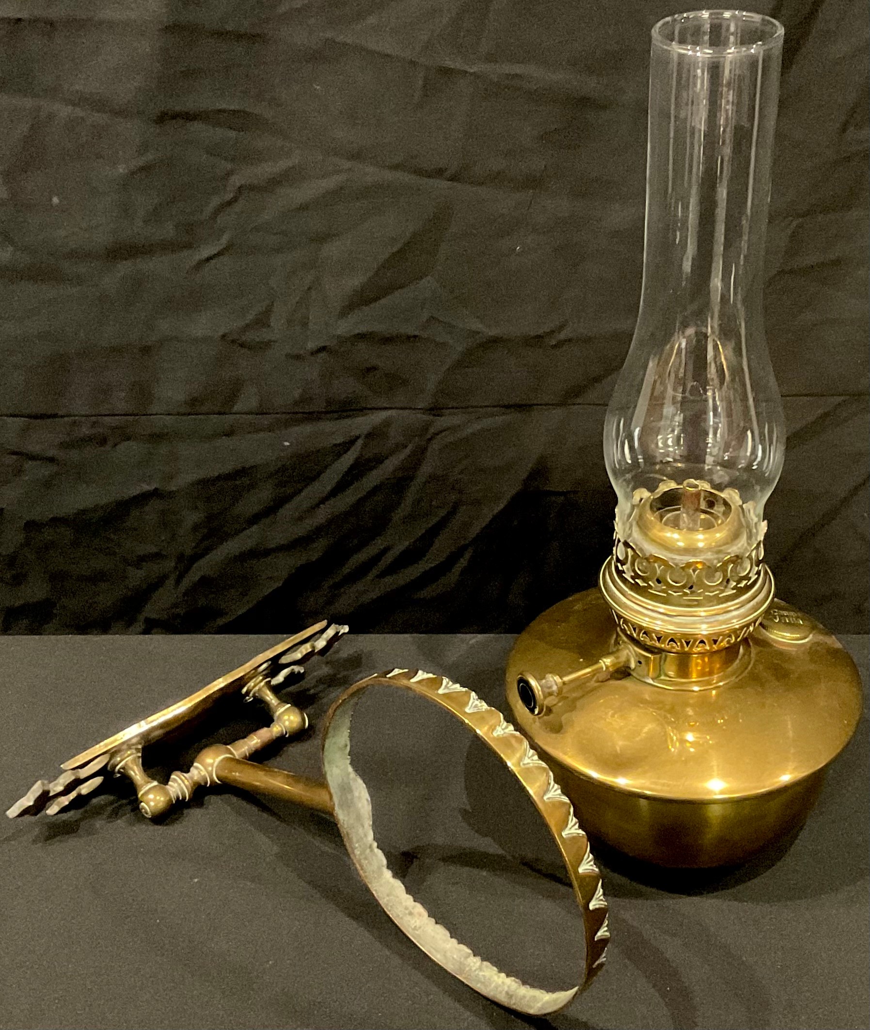 A 19th century brass 'Lamp Veritas' wall mounted oil lamp, adjustable branch, approx. approx. 45cm