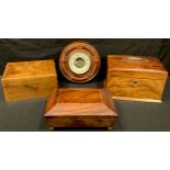 A Victorian mahogany rectangular work box; a mahogany sarcophagus shaped box; a jewellery box; a