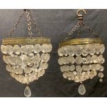 A pair of gilt brass purse shaped ceiling lights, facetted glass dropslets, approx. 31cm high