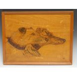 Folk Art - a pyrography picture, of a pair of dogs, 29cm x 39cm, first-half 20th century