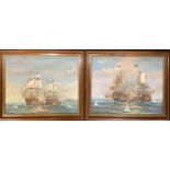 Wissalingh (Maritime School) a pair, Galleons in Full Battle signed, oil on canvas, 39cm x 49cm