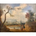 English School (18th century) Figures and Dog beside a Lake oil on board, 27.5cm x 34cm