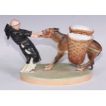 A Derby Crown Porcelain figural sweetmeat stand, modelled as a friar and donkey, 28cm long,