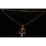 A Victorian seed pearl multi gem pendant necklace, inset with citrine, peridot, garnet accents/