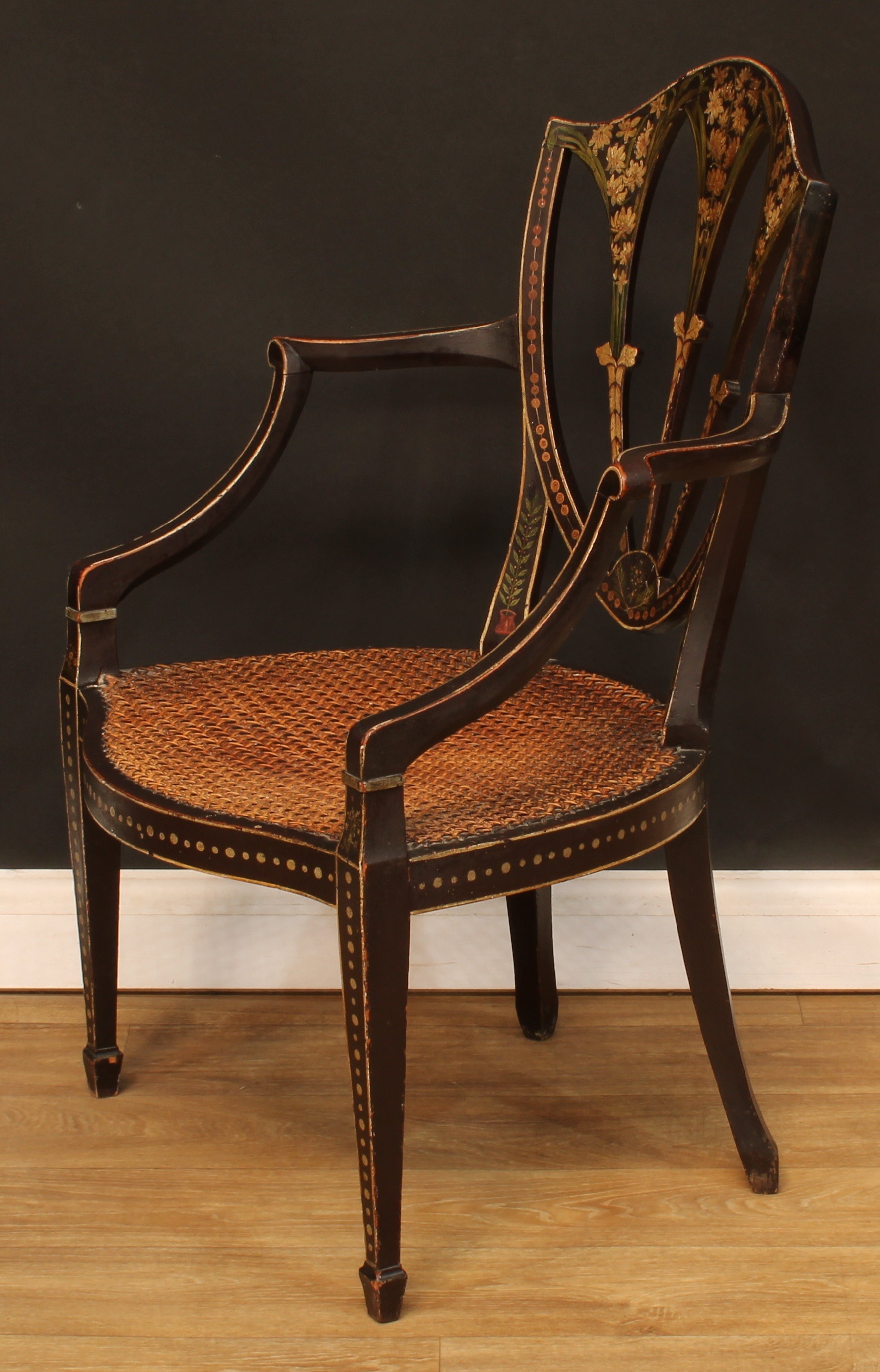 A Hepplewhite Revival painted and ebonised open armchair, cane seat, tapered square forelegs, - Bild 3 aus 4