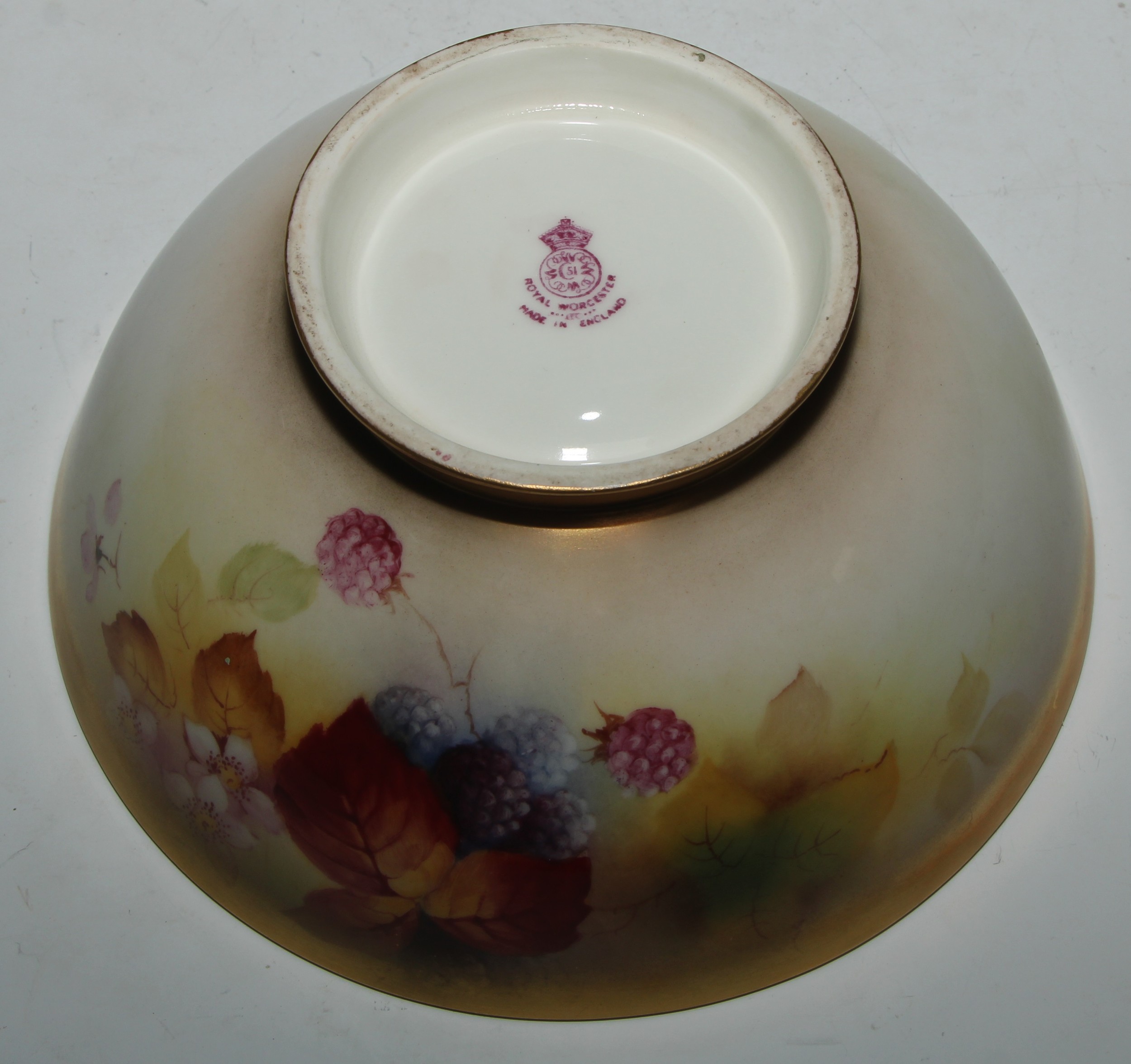 A Royal Worcester bowl, painted by Kitty Blake, signed, with blackberries, leaves and blossom, - Image 6 of 6