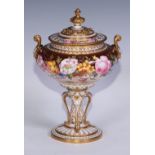 A Royal Crown Derby two-handled pedestal vase and cover, painted by Albert Gregory, with roses,