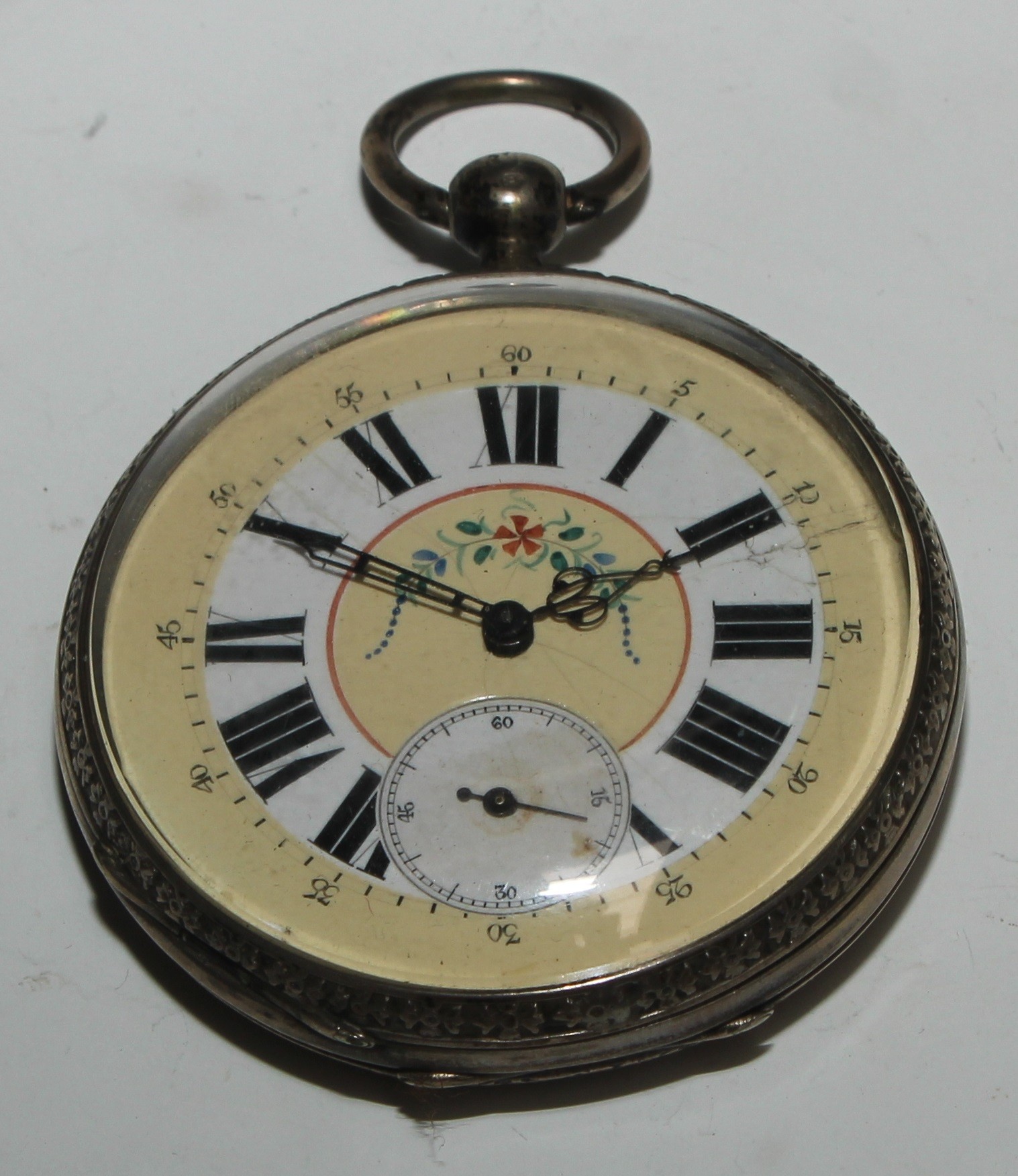 A large Continental silver open faced pocket watch, 5.5cm enamel dial inscribed in gilt upon - Image 3 of 6