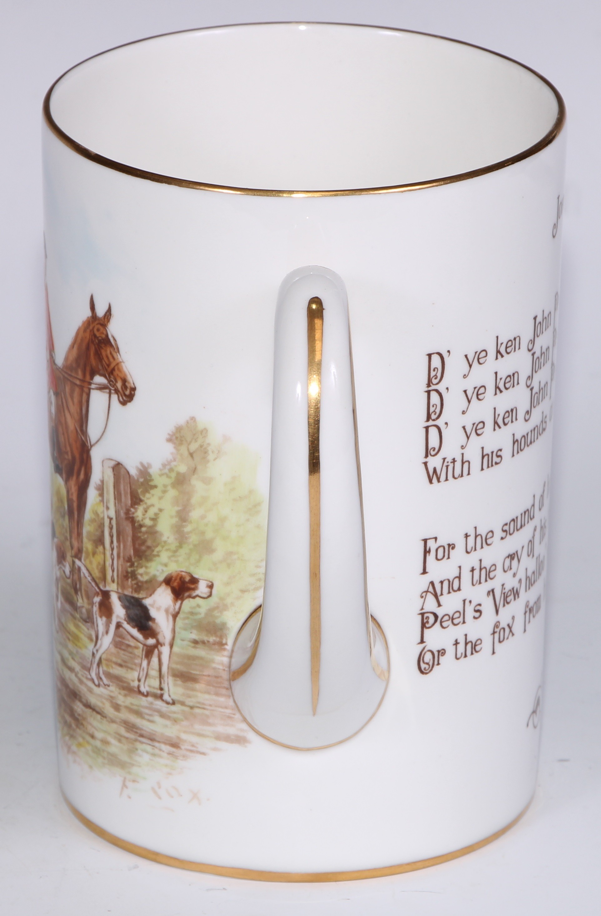 A Royal Crown Derby cylindrical mug, printed and painted by F Cox, with a hunting scene, to verso - Bild 40 aus 42