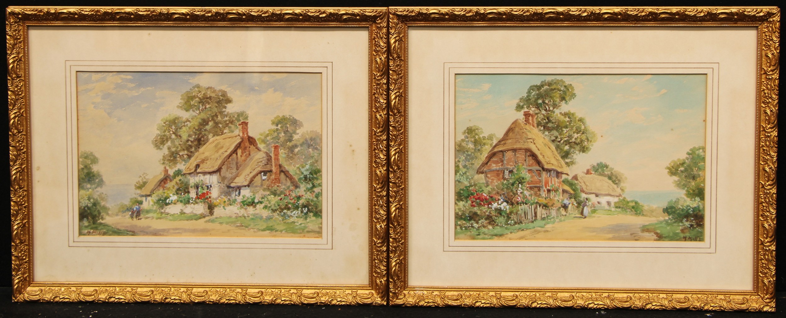 Arthur Mills (early 20th century) A Pair, Thatched Cottages, in summer signed, watercolours, 21.