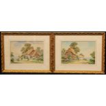 Arthur Mills (early 20th century) A Pair, Thatched Cottages, in summer signed, watercolours, 21.