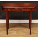 A George IV mahogany D-shaped tea table, hinged top with channelled edge, above a deep frieze