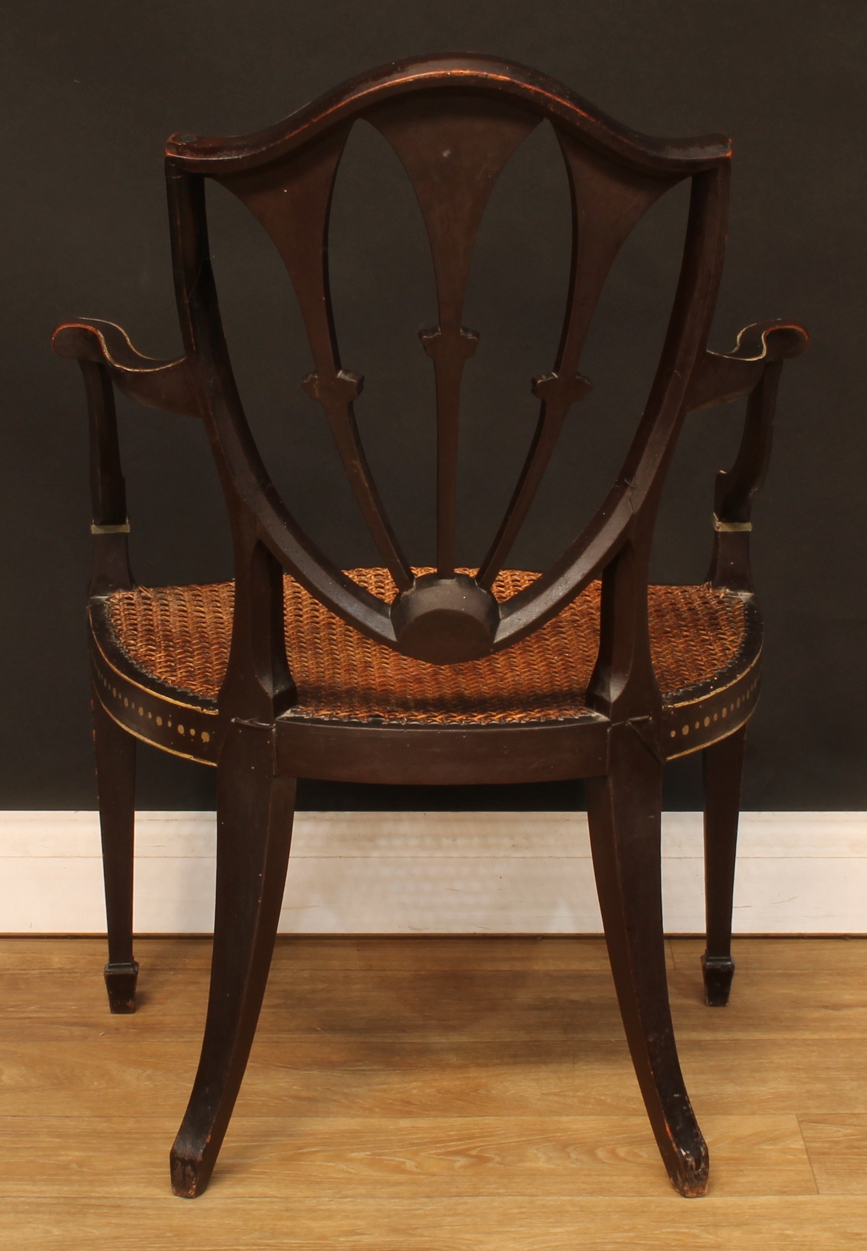 A Hepplewhite Revival painted and ebonised open armchair, cane seat, tapered square forelegs, - Bild 4 aus 4