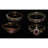 A diamond and pale pink stone cluster ring, 9ct gold shank, size J, others ruby and diamond halt