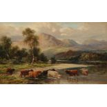 A Lewis (early 20th century) Highland Cattle Watering signed, oil on canvas, 29cm x 50cm