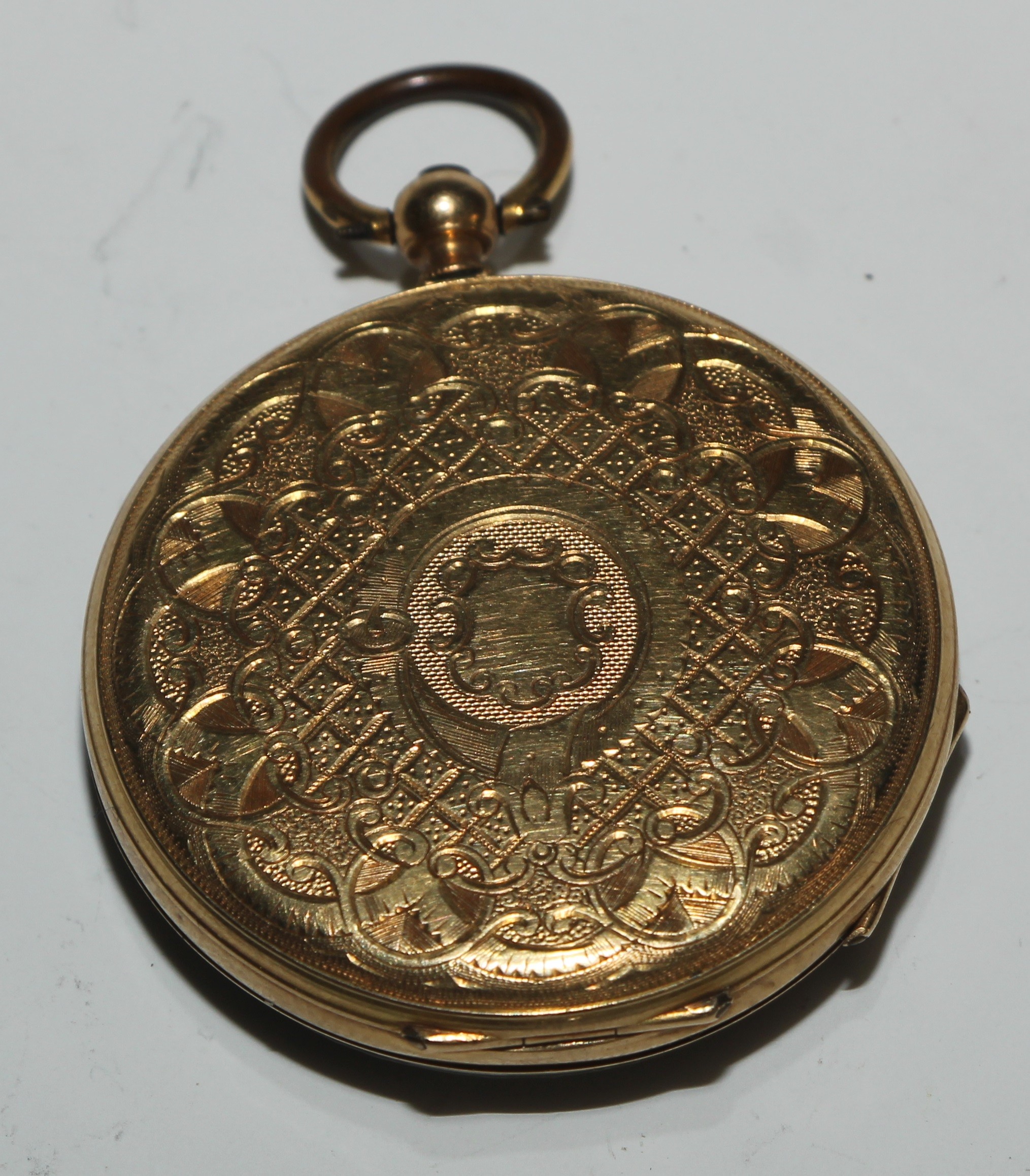 A 19th century Continental 18ct gold fob watch, 3.5cm engine turned dial inscribed with Roman - Image 4 of 5