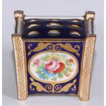 A Crown Staffordshire square bough pot, decorated with summer flowers on a blue ground, 8cm high,
