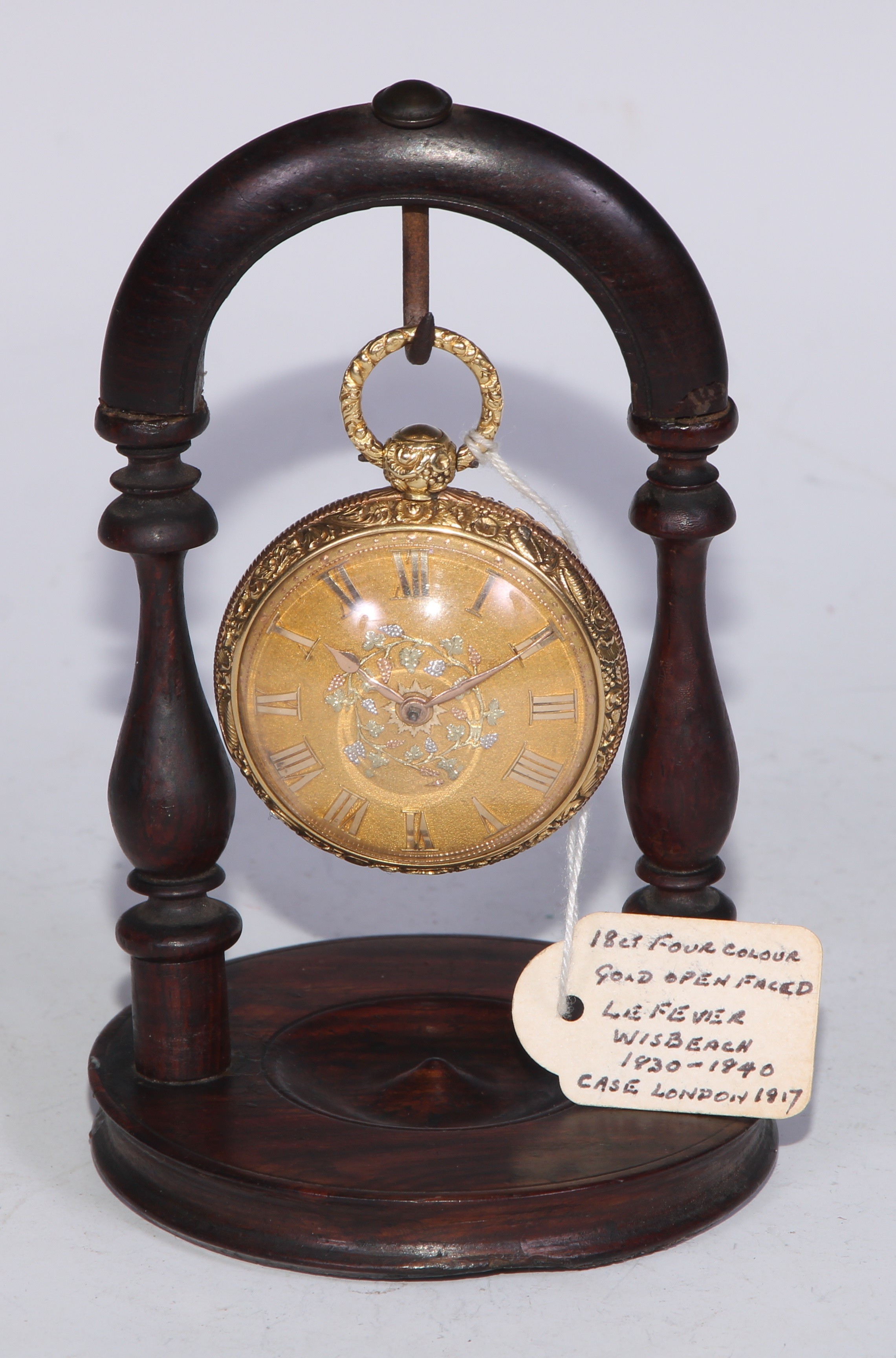 A George III 18ct four-colour gold open faced pocket watch, by [George] LeFever, Wisbech, 4cm matted