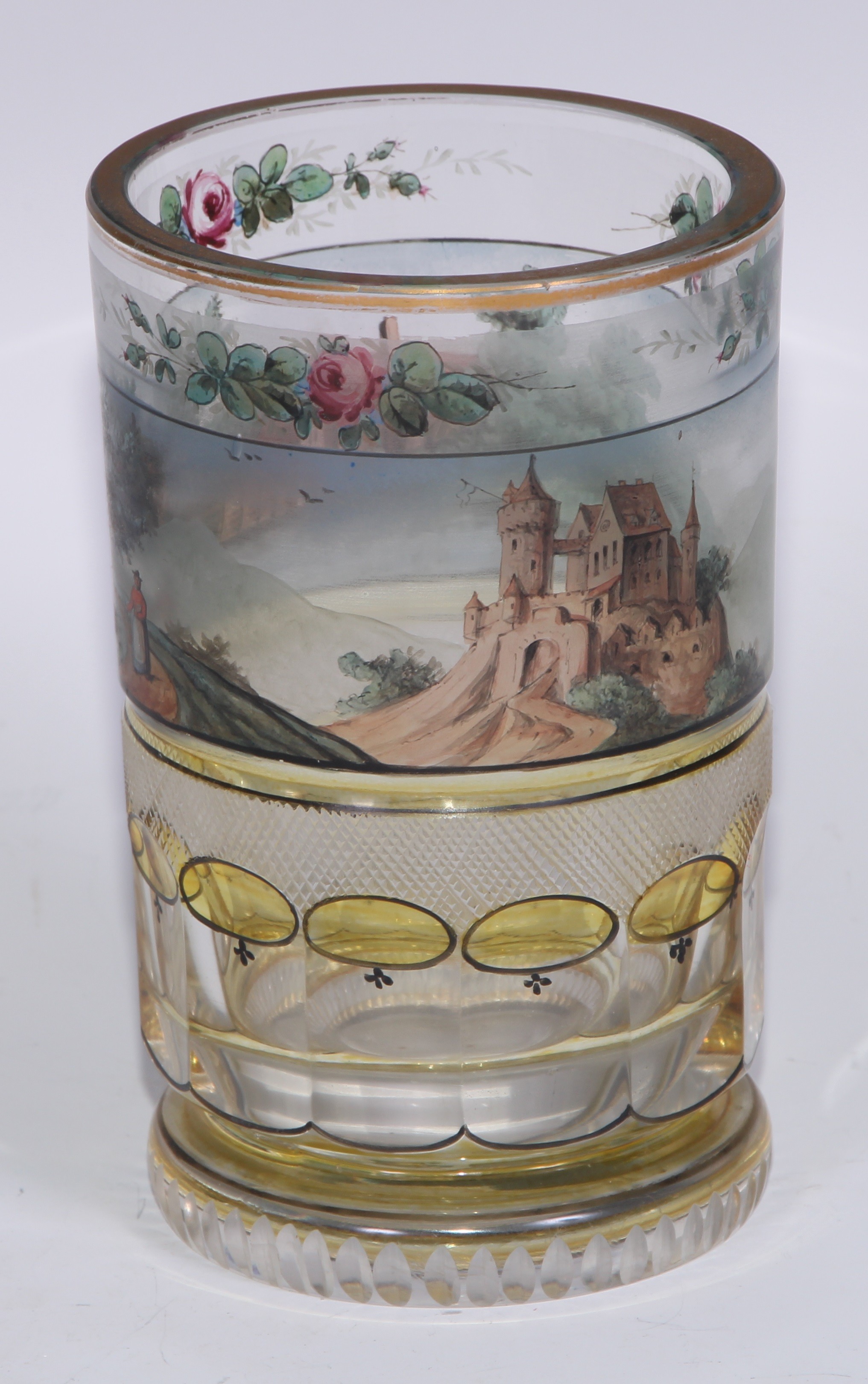 A Bohemian emerald glass vase, decorated in enamel with a portrait of a lady, on a ground of gilt - Bild 8 aus 17