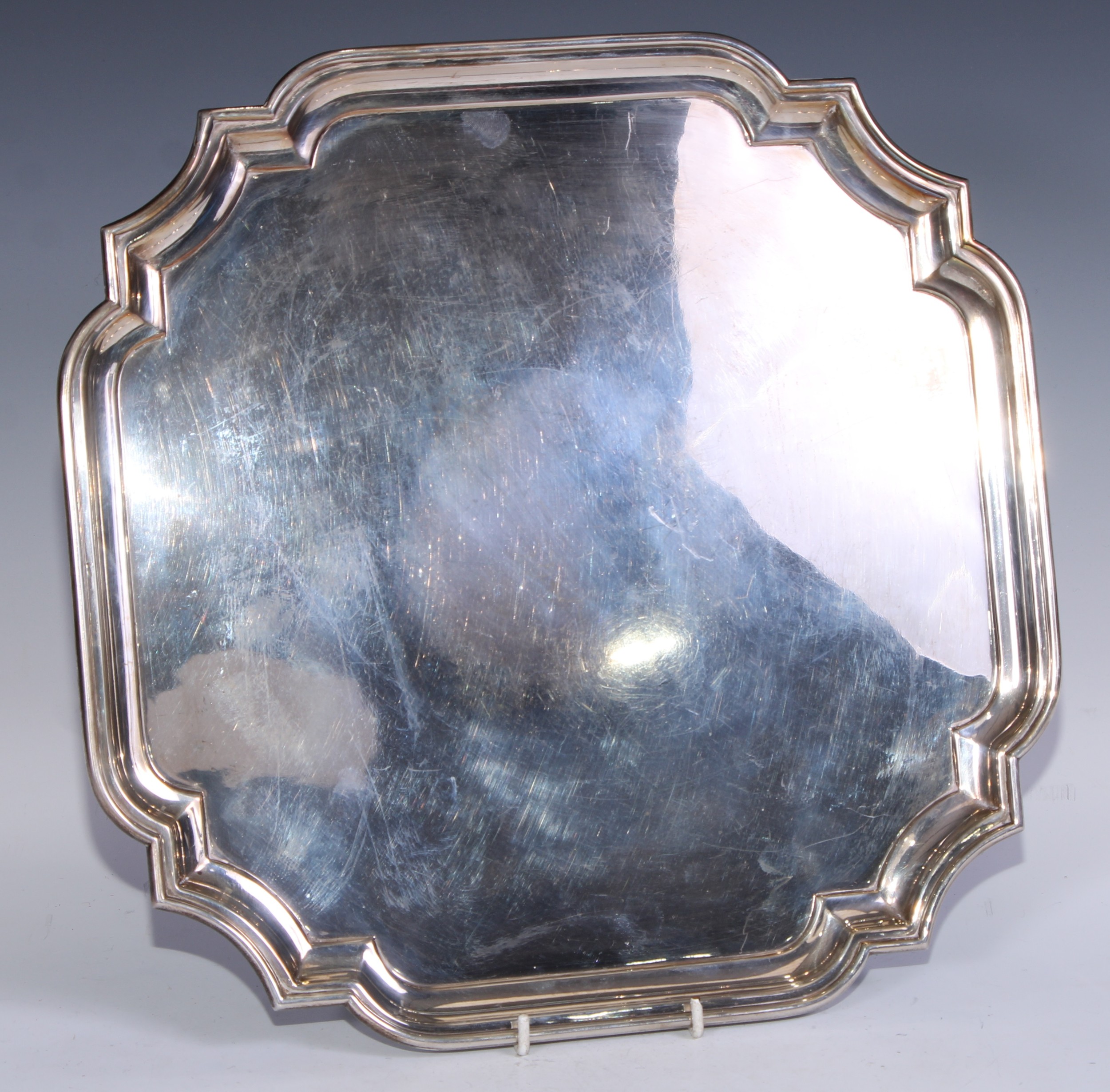 A Elizabeth II silver shaped square salver, of George I design, plain field, 36.5cm wide, Barker - Image 2 of 2