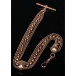 A 19th century three strand fancy link albert, with t-bar and clip, 27cm long, stamped 9ct, 26.8g