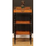 A late 19th century gilt metal mounted mahogany, ebonised and parquetry three-tier étagère, 84cm