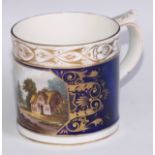 A Derby named view porter mug, View on the River Dove, in gilt on a cobalt blue ground, 11.5cm high,