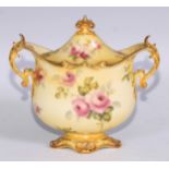 A Royal Crown Derby two-handled vase, decorated with roses on a blush ground, 16.5cm wide, printed