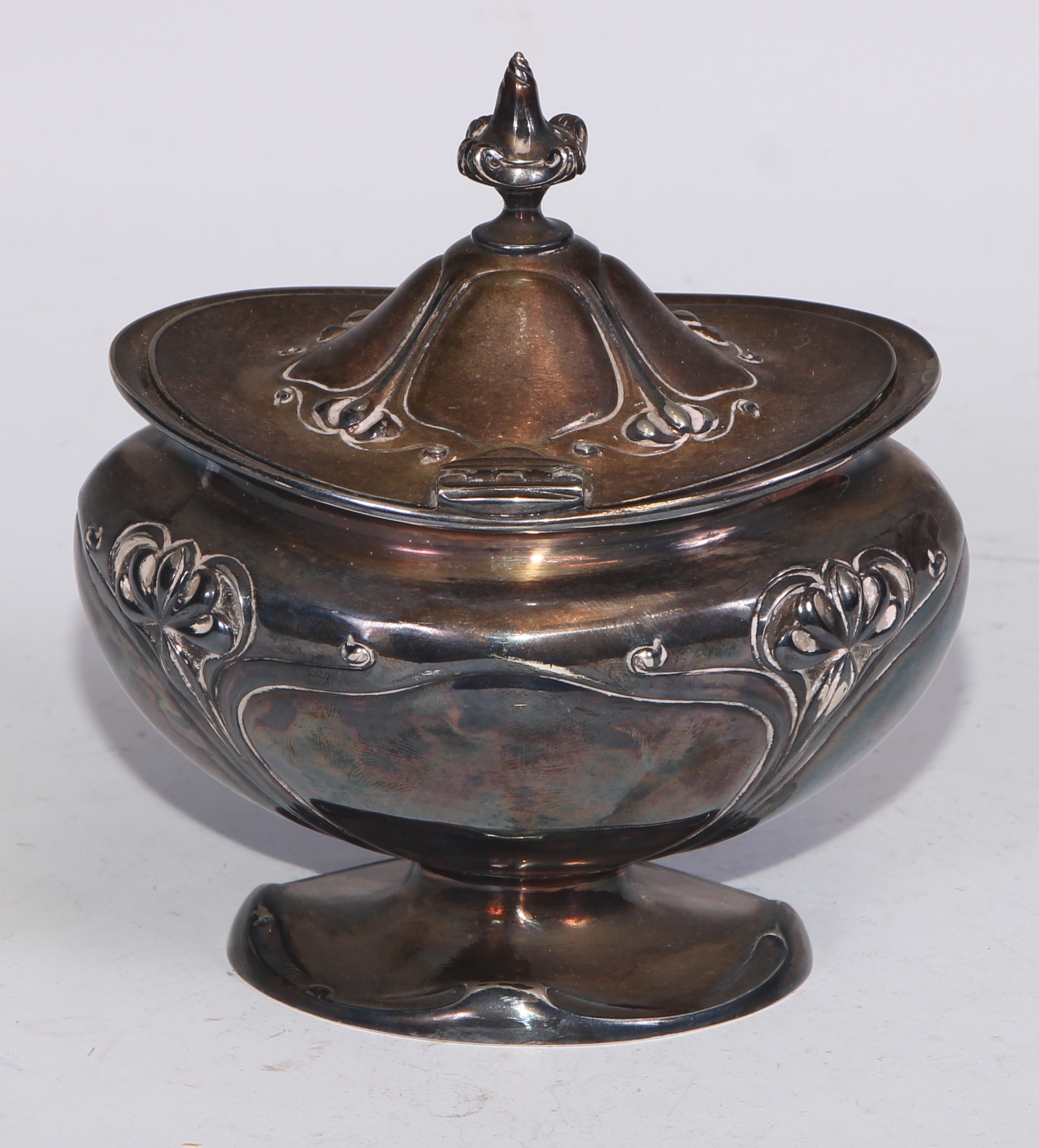An Art Nouveau silver bombe shaped tea caddy, embossed with stylised flowers on whiplash stems, - Image 5 of 5
