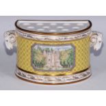 A Royal Crown Derby demi-lune bough pot, decorated with a view of Glamis Castle, on a yellow ground,