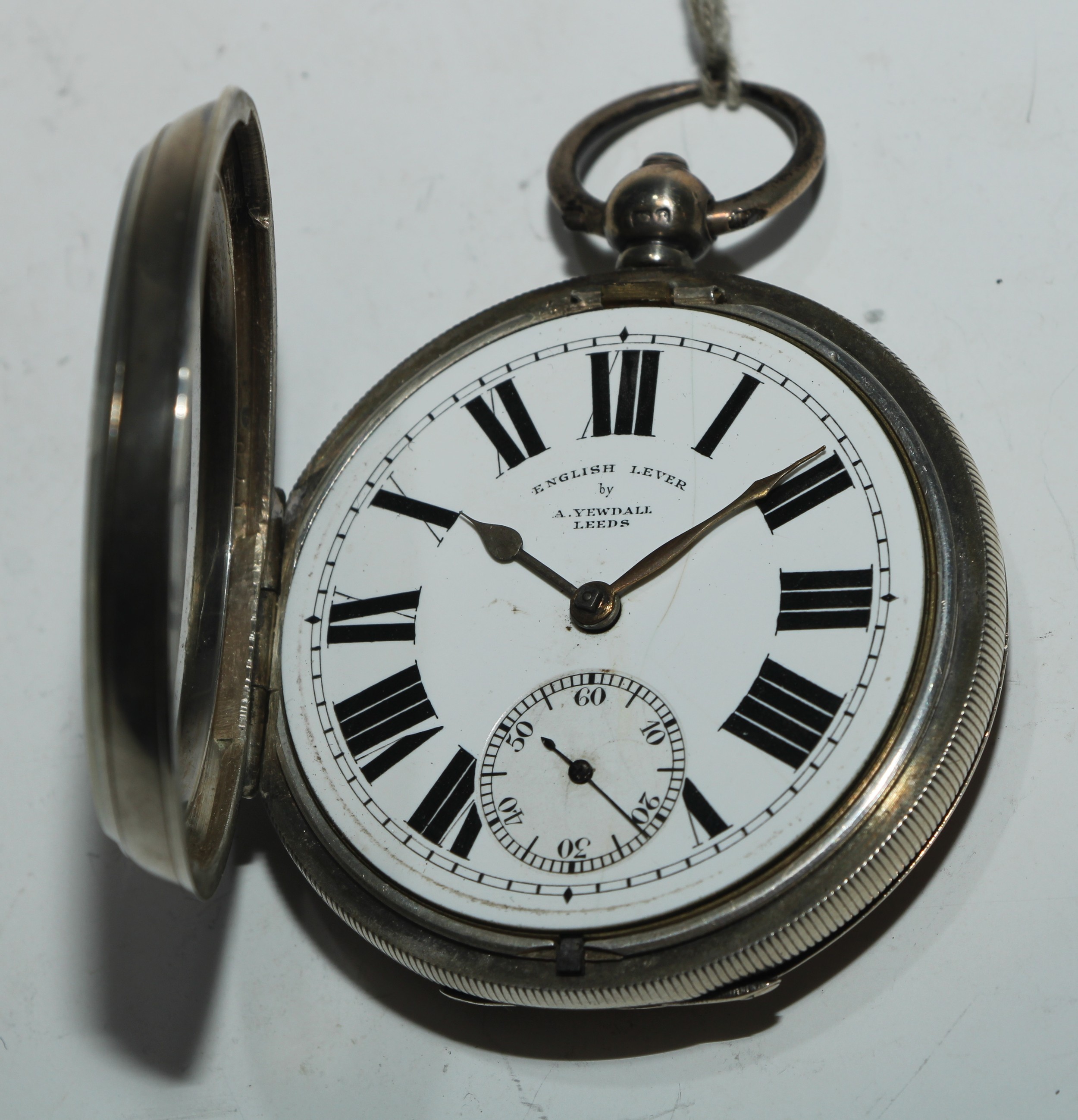 An Edwardian silver pocket watch, 5cm enamel dial inscribed English Lever by A Yewdall, Leeds, Roman - Image 3 of 7